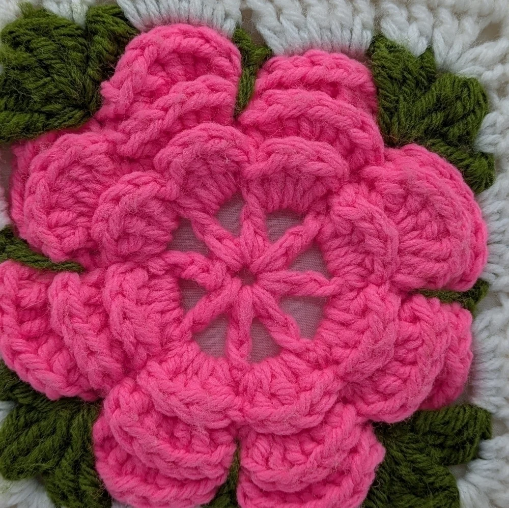 Vintage White Pink Crochet Granny Square Floral Pillow